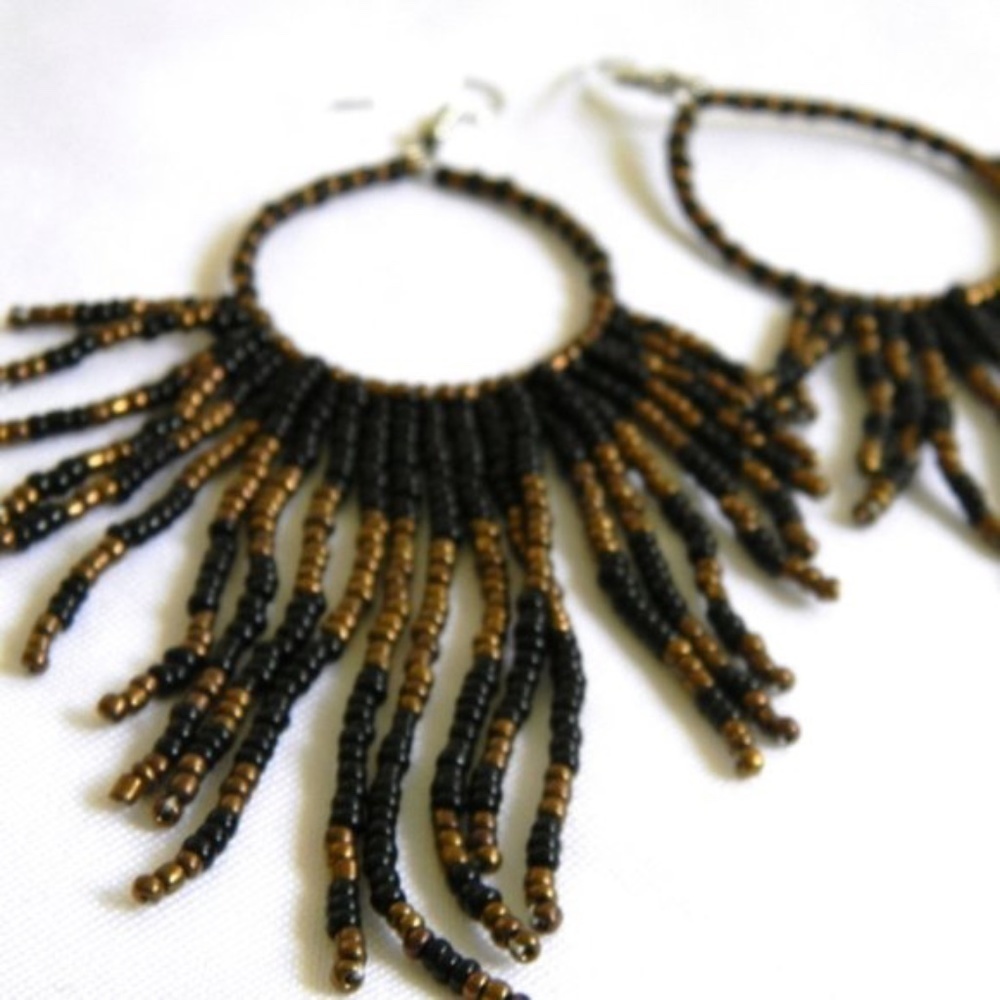 𝅺3/$29 - Black & Copper Beaded Fringe Boho Earrings